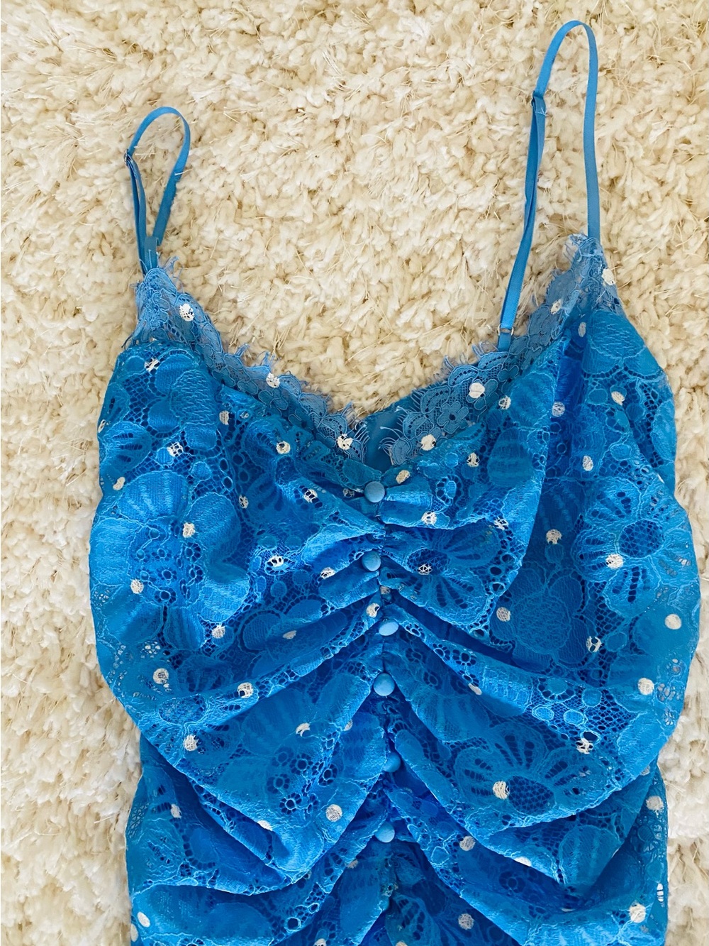 For Love and Lemons Samira Blue with White Polka Dot Lace Ruched Mini Dress - Picture 4 of 5